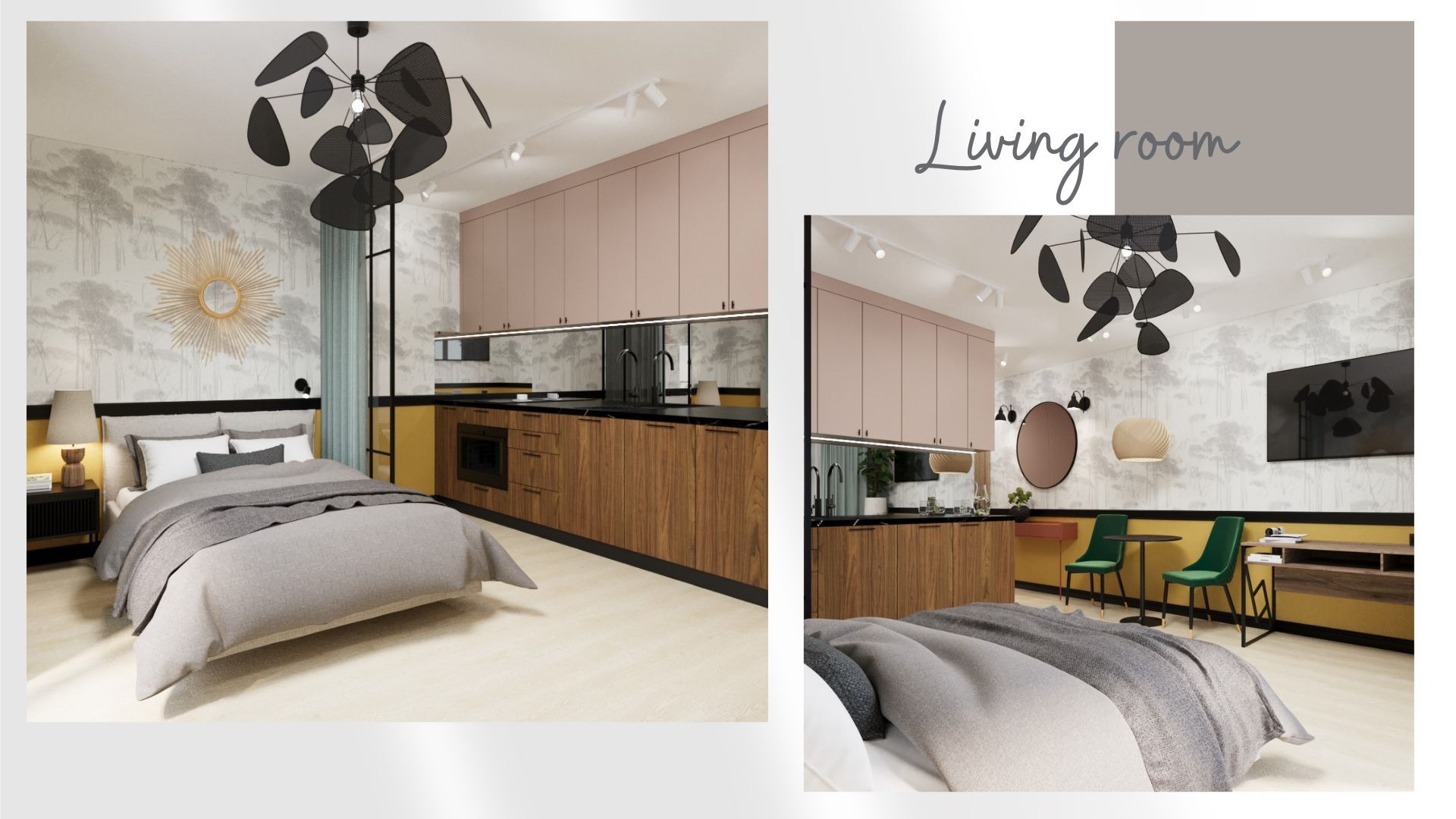 Wnętrze pokoju z aneksem kuchennym: łóżko z szarą pościelą, zabudowa kuchenna z drewnianymi frontami i różowymi szafkami, okrągłe lustro, designerska lampa sufitowa i tapeta w motywy leśne.