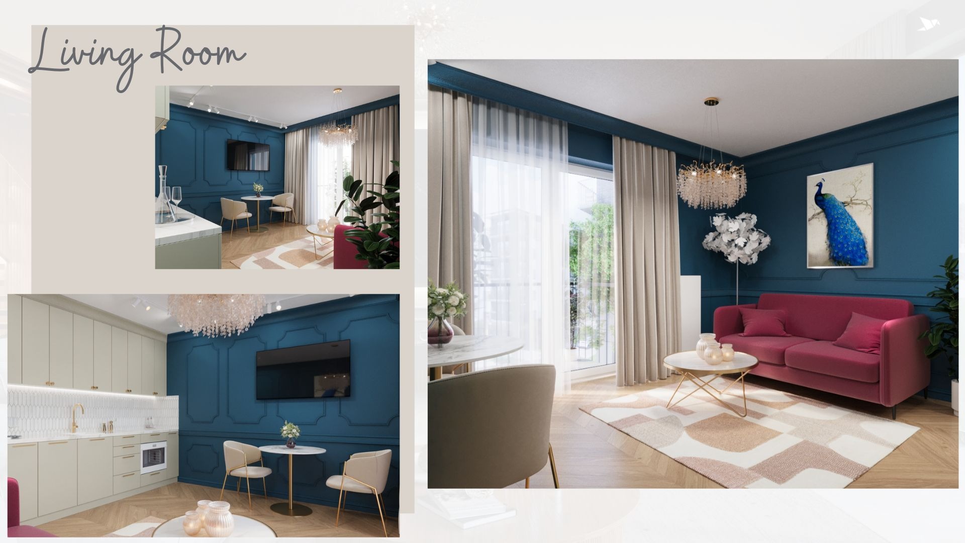 Wizualizacja salonu z granatowymi ścianami, różową sofą, okrągłym stolikiem kawowym na złotych nóżkach i obrazem pawia na ścianie. Widoczne również fragmenty kuchni z jasnymi szafkami i złotymi...