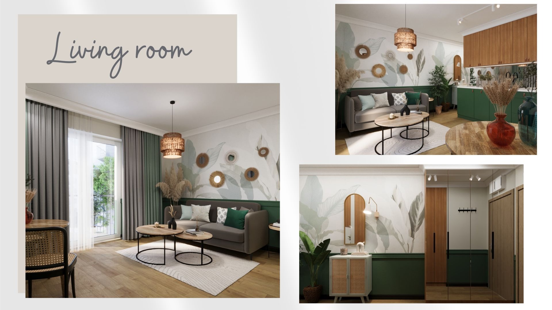 Wizualizacja salonu w stylu boho z tapetą w liście, okrągłymi lustrami na ścianie, szarą sofą z poduszkami i okrągłymi stolikami kawowymi na dywanie. Widoczne również zielone panele ścienne...