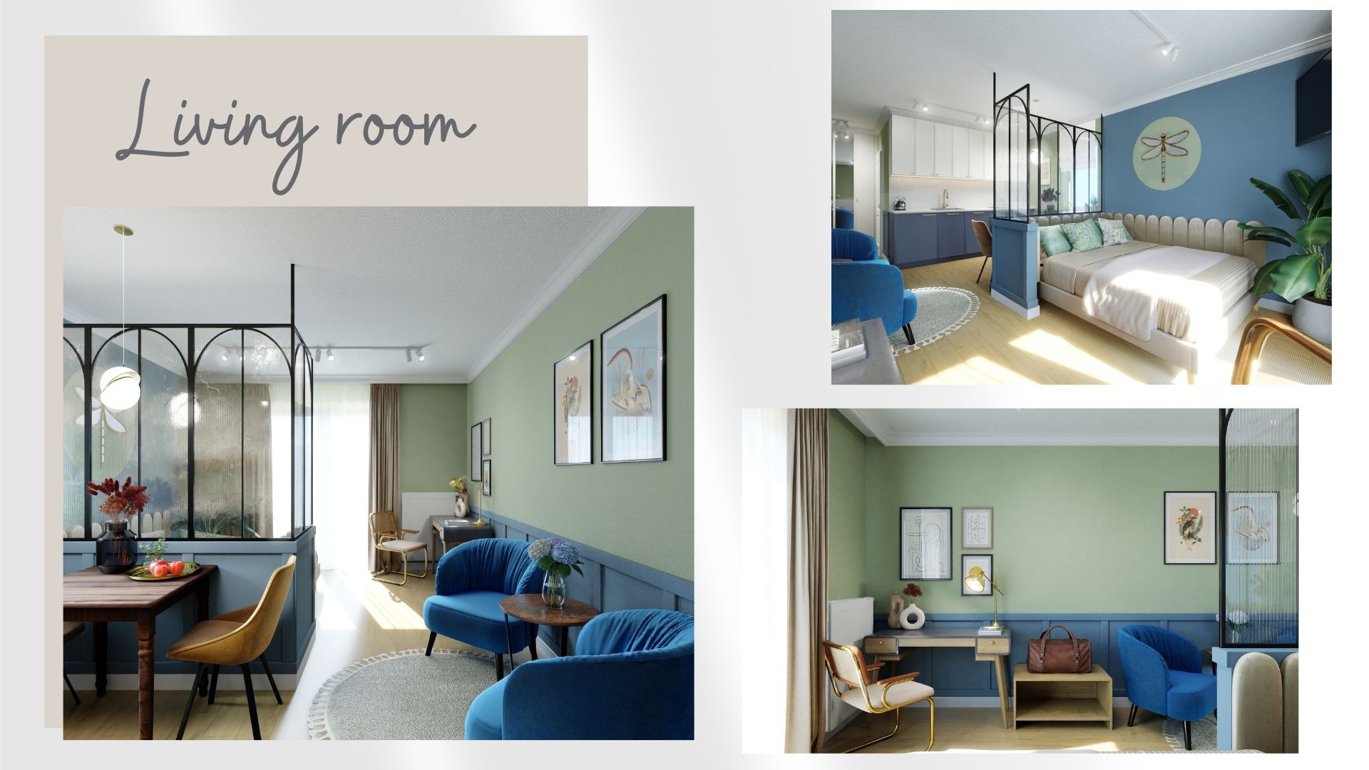 Wizualizacja aranżacji wnętrza mieszkania z podziałem na strefy: salon z jadalnią, sypialnia i aneks kuchenny, oddzielone szklaną ścianką działową z czarnymi ramami.