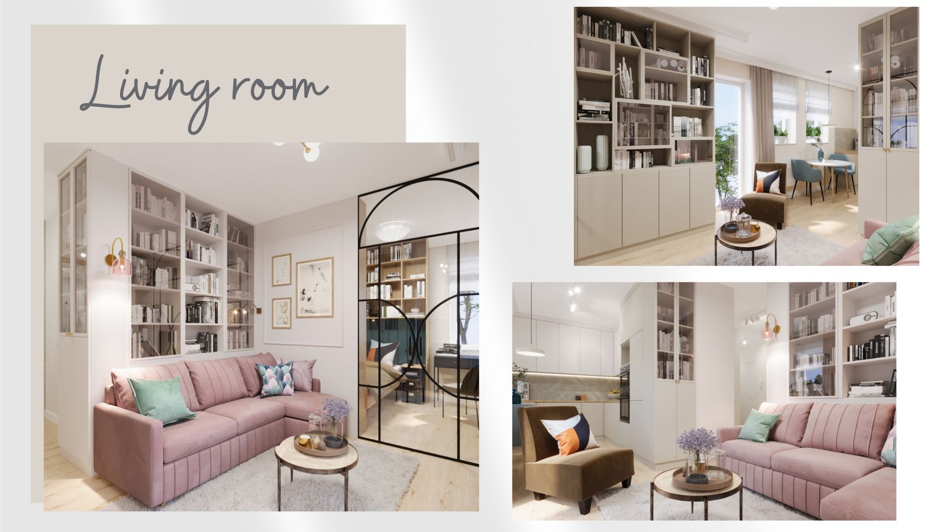 Wizualizacja przestronnego salonu z biblioteczką, różową sofą narożną i szklaną ścianką działową z czarnymi ramami, widok na kuchnię i jadalnię.