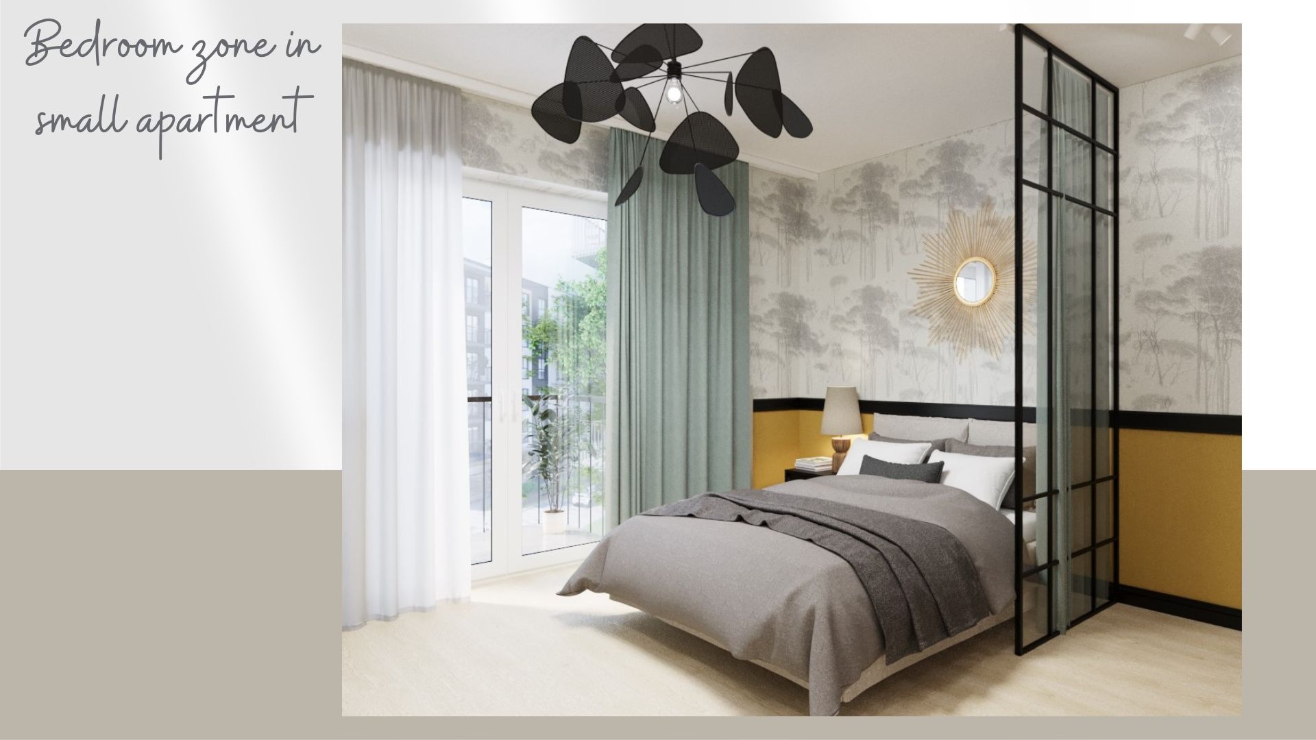 Wizualizacja sypialni w małym mieszkaniu z łóżkiem, lampką nocną, lustrem w kształcie słońca, czarną lampą sufitową o unikalnym kształcie i przeszkleniem oddzielającym strefę sypialnianą.