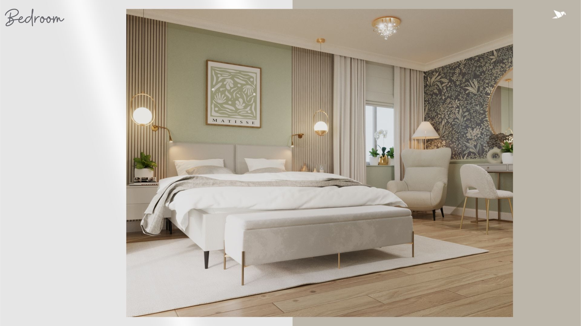 Jasna sypialnia z łóżkiem, pufą i toaletką, zielona ściana z plakatem Matisse, drewniana podłoga i tapeta w kwiaty.