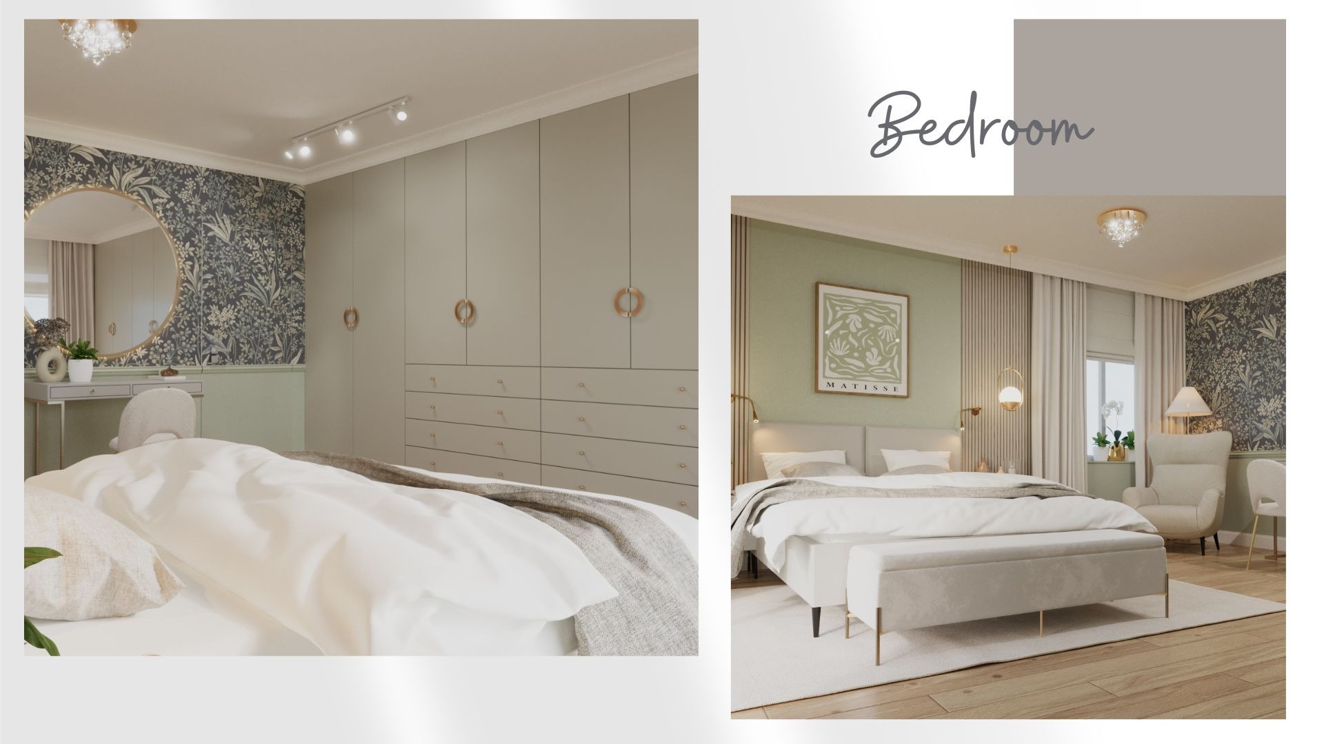 Wizualizacja sypialni w jasnych, stonowanych barwach z tapetą w kwiatowy wzór, dużym lustrem nad toaletką i obszerną szafą z szufladami oraz łóżkiem z białą pościelą i beżowym pledem.
