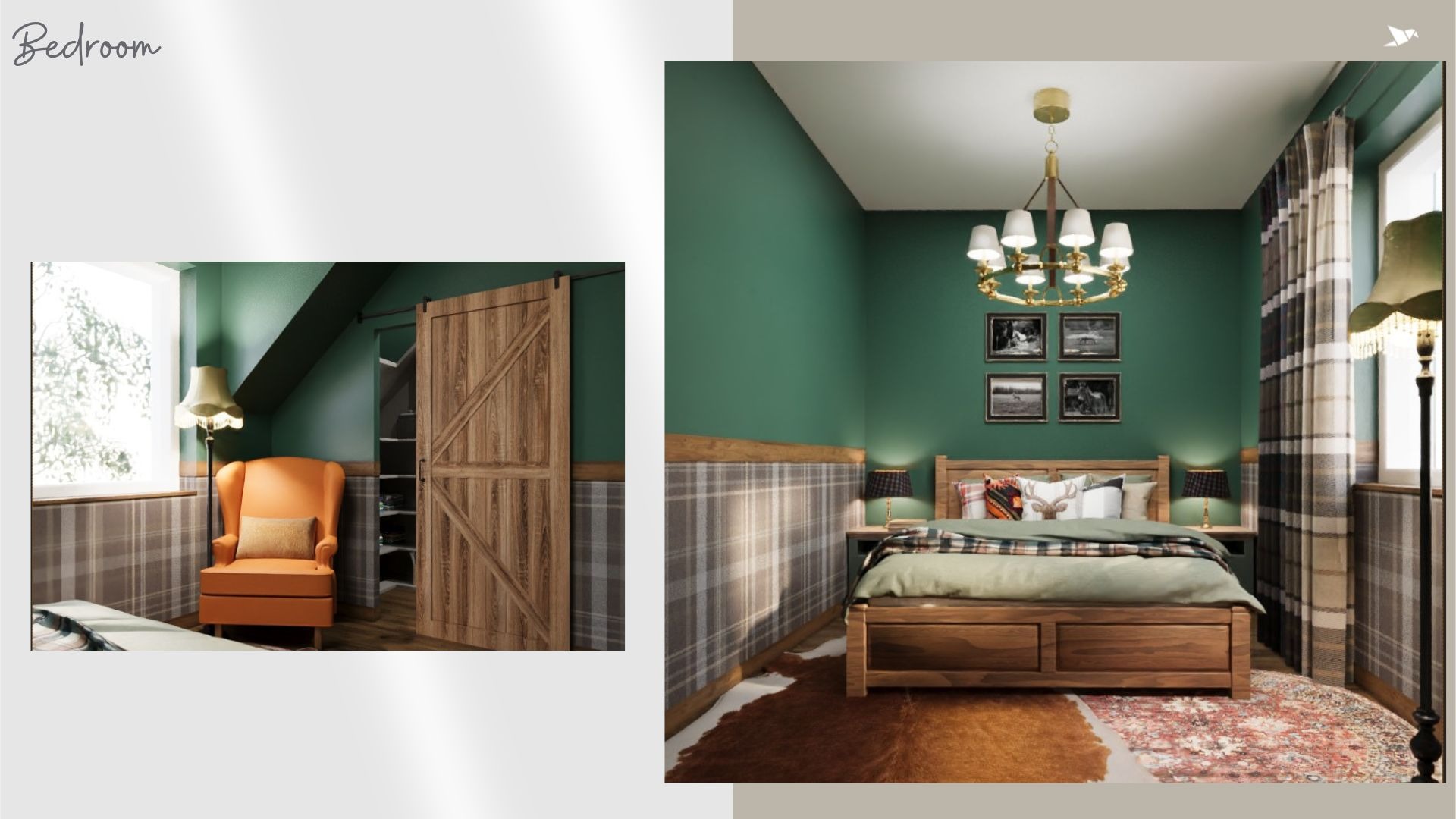 Wizualizacja sypialni w stylu rustykalnym z zielonymi ścianami, drewnianym łóżkiem, lampą z abażurem i wzorzystymi zasłonami, z widocznym fragmentem pokoju z pomarańczowym fotelem i drewnianymi...