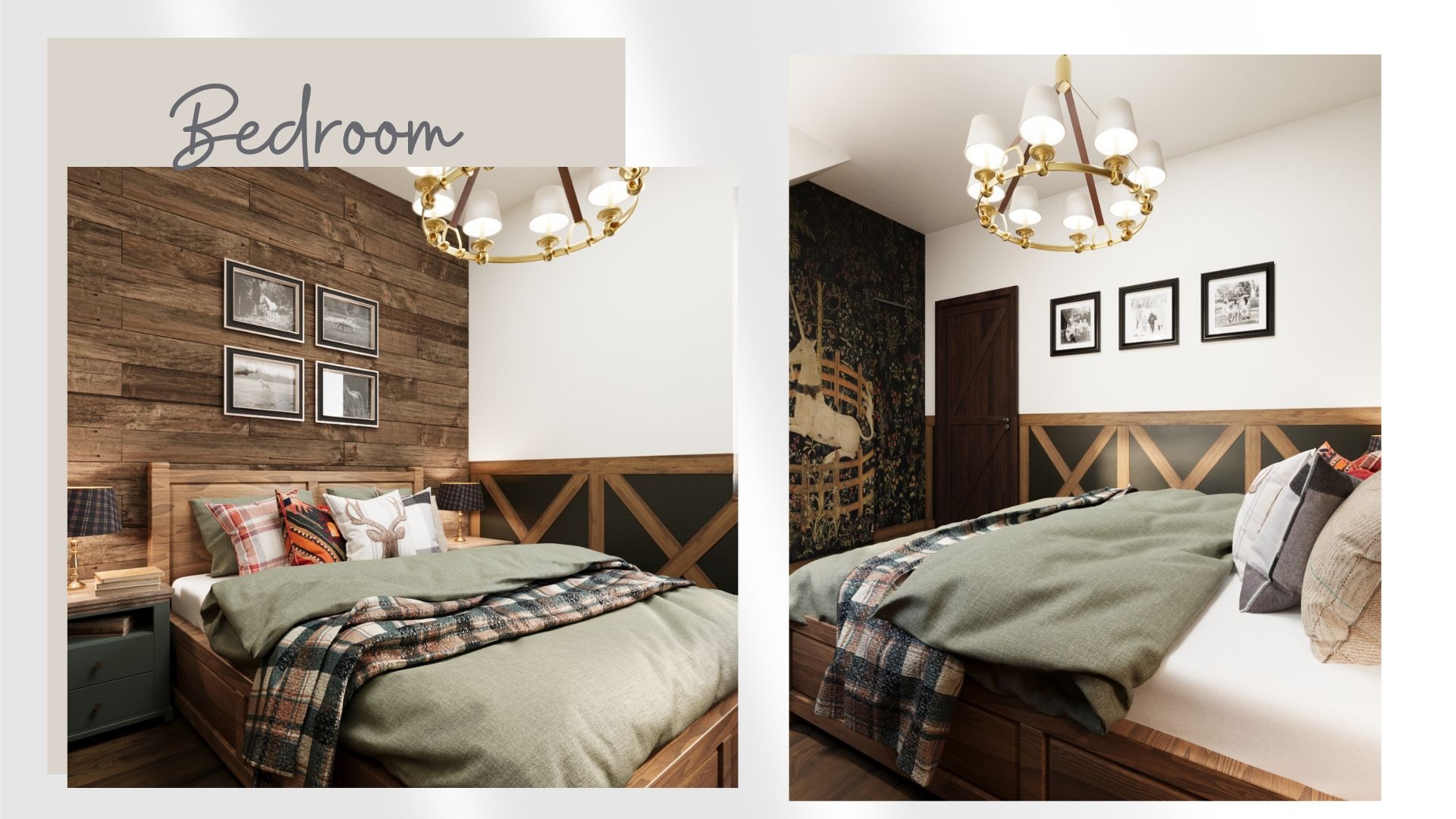 Rustykalna sypialnia z drewnianą ścianą, łóżkiem z zieloną narzutą i dekoracyjnymi poduszkami oraz złotym żyrandolem w stylu vintage, prezentowana w dwóch ujęciach.