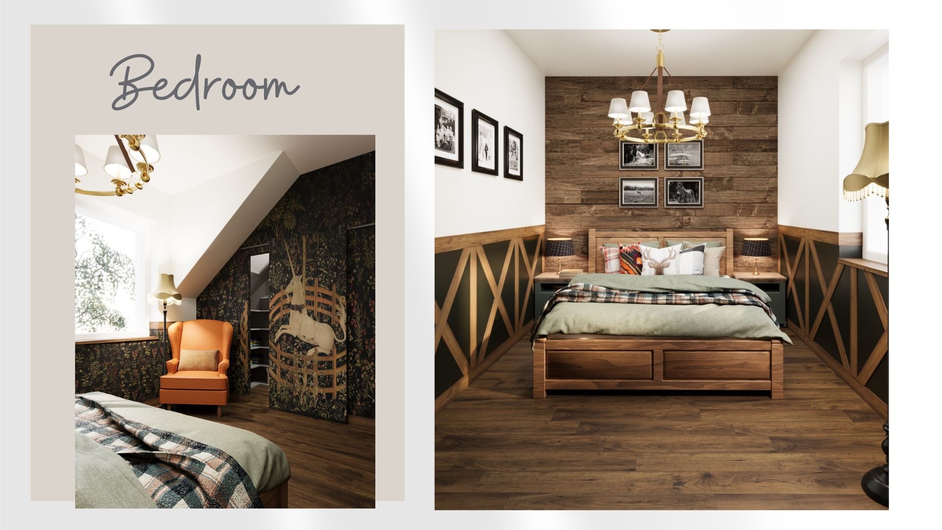 Dwie aranżacje sypialni: jedna z tapetą w ciemne kwiaty i motywem jednorożca, pomarańczowy fotel, druga z drewnianą ścianą, łóżkiem z litego drewna i galerią czarno-białych zdjęć.