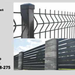 Dwa rodzaje ogrodzeń: metalowy panelowy z drutu i poziomy z szerokich listew, oba w kolorze grafitowym, z betonowymi słupkami w dolnej części, na tle błękitnego nieba.