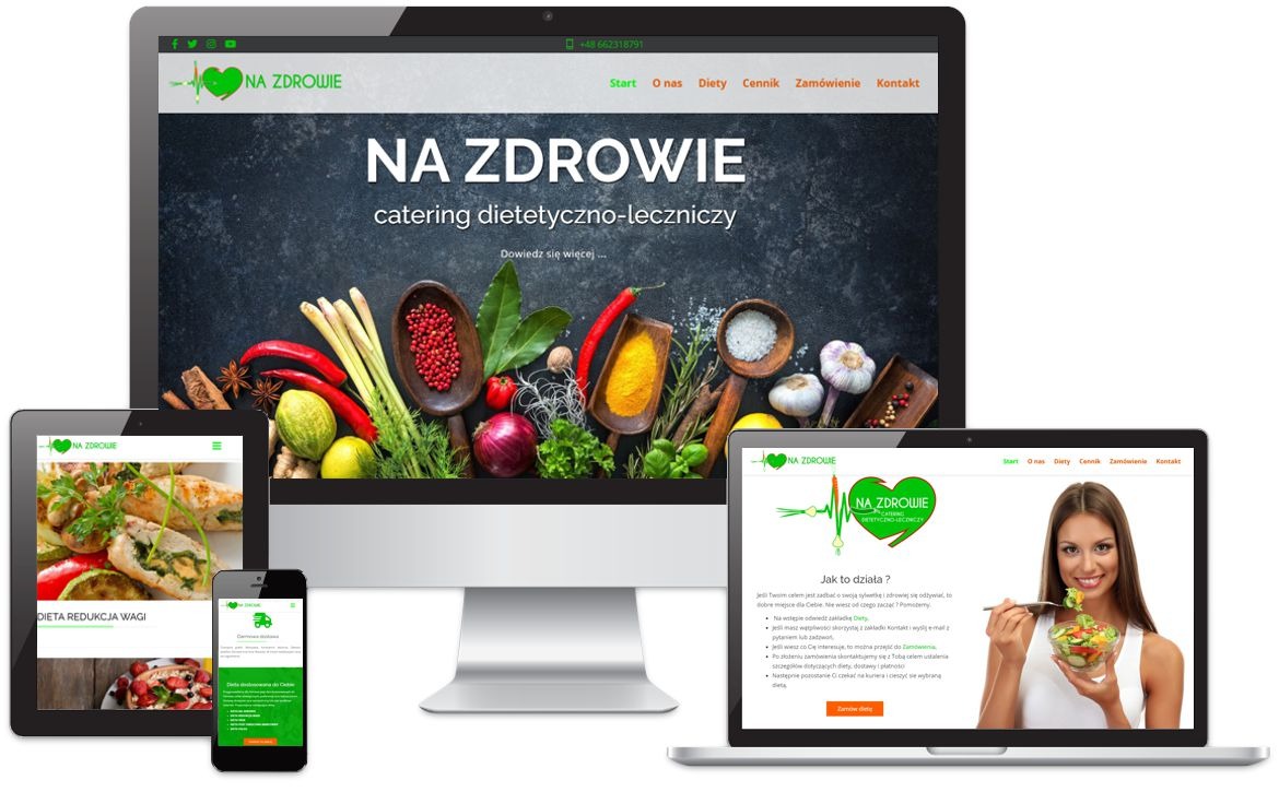 Responsywna strona internetowa firmy cateringowej 'Na Zdrowie' wyświetlana na monitorze, laptopie, tablecie i smartfonie, prezentująca ofertę dietetyczną i zdrowy styl życia.