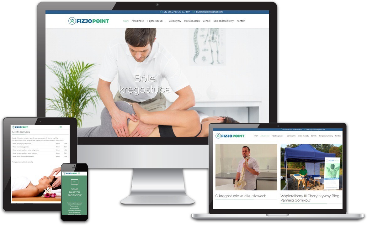 Responsywna strona internetowa FIZJOPOINT wyświetlana na monitorze, laptopie, tablecie i smartfonie, prezentująca usługi fizjoterapeutyczne i masażu, z widocznymi zakładkami: Aktualności...