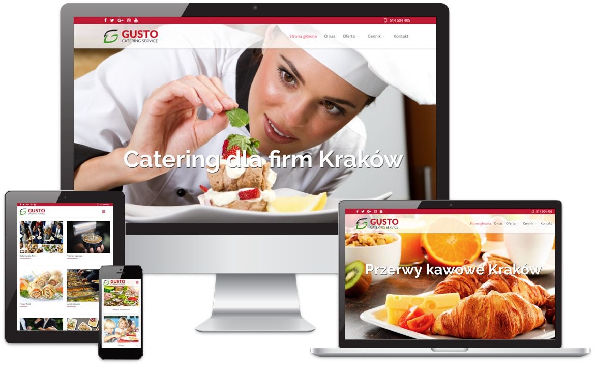 Responsywna strona internetowa firmy cateringowej Gusto Catering Service wyświetlana na monitorze, laptopie, tablecie i smartfonie, prezentująca ofertę cateringową i przerw kawowych dla firm...