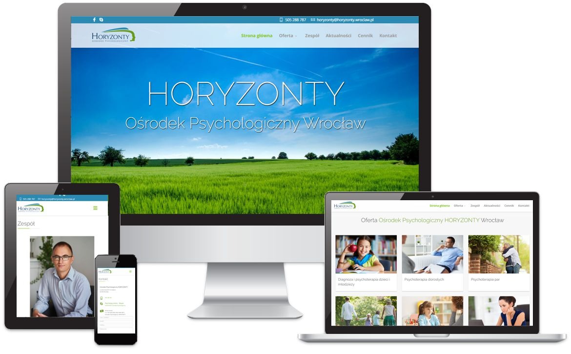 Responsywna strona internetowa Ośrodka Psychologicznego Horyzonty Wrocław wyświetlana na monitorze, laptopie, tablecie i smartfonie.