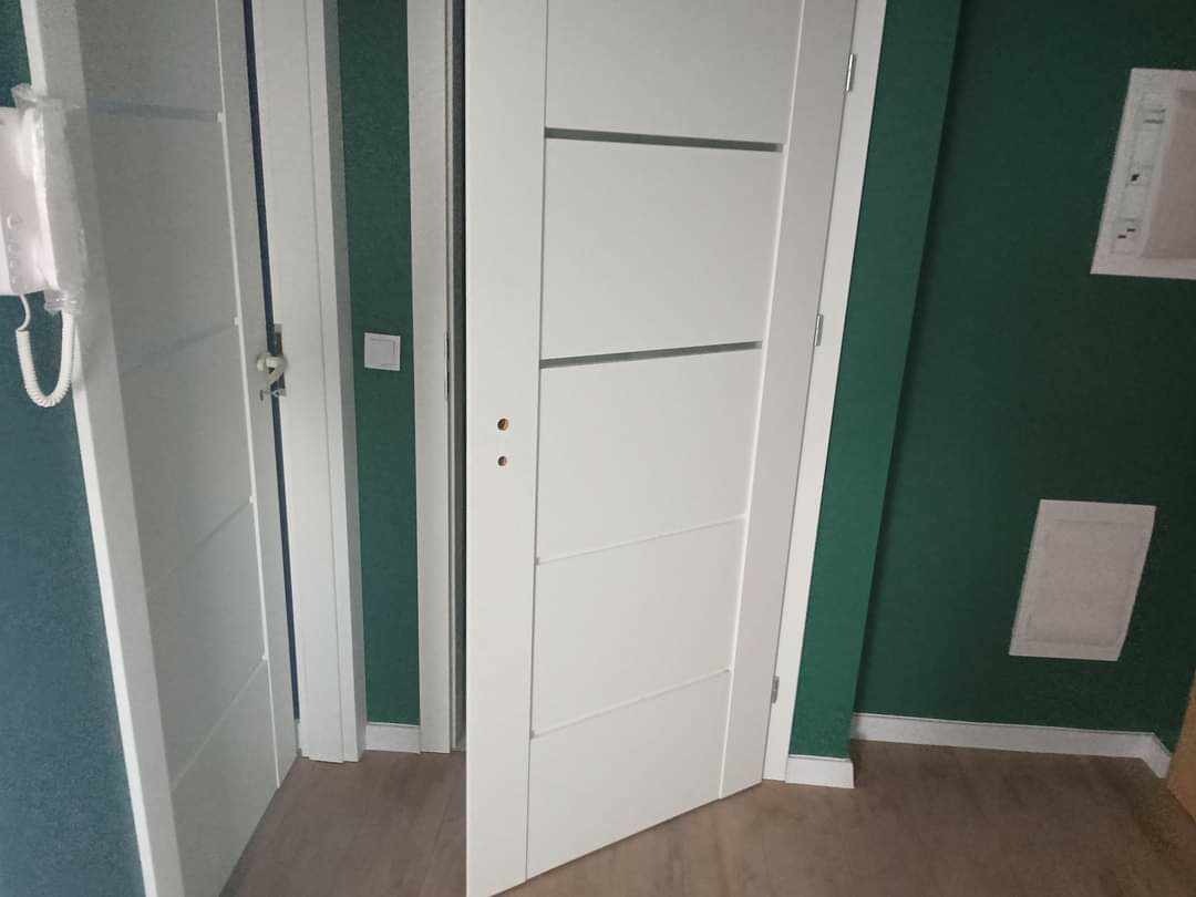 Białe, nowoczesne drzwi wewnętrzne z poziomymi frezami, zamontowane w pokoju z ciemnozielonymi ścianami i drewnianą podłogą.