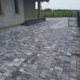 Szara kostka brukowa ułożona na posesji przed domem z ciemnymi schodami wejściowymi, widoczne ogrodzenie i rząd tuj w tle.