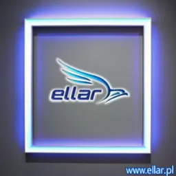 Podświetlany, kwadratowy panel z logo 'ellar' w błękitno-białej kolorystyce, umieszczony na szarej ścianie. Na dole widoczny adres strony internetowej.