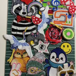 Kolekcja r&oacute;żnorodnych, kolorowych naszywek z motywami zwierzęcymi, roślinnymi i przedmiotami codziennego użytku, ułożonych na zielonym tle w paski. Widoczne m.in. szop w berecie, żuraw, nietoperz...