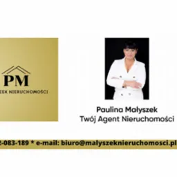 Wizytówka agencji nieruchomości Małyszek: logo PM na złotym tle, zdjęcie agentki Pauliny Małyszek w białym żakiecie oraz dane kontaktowe.