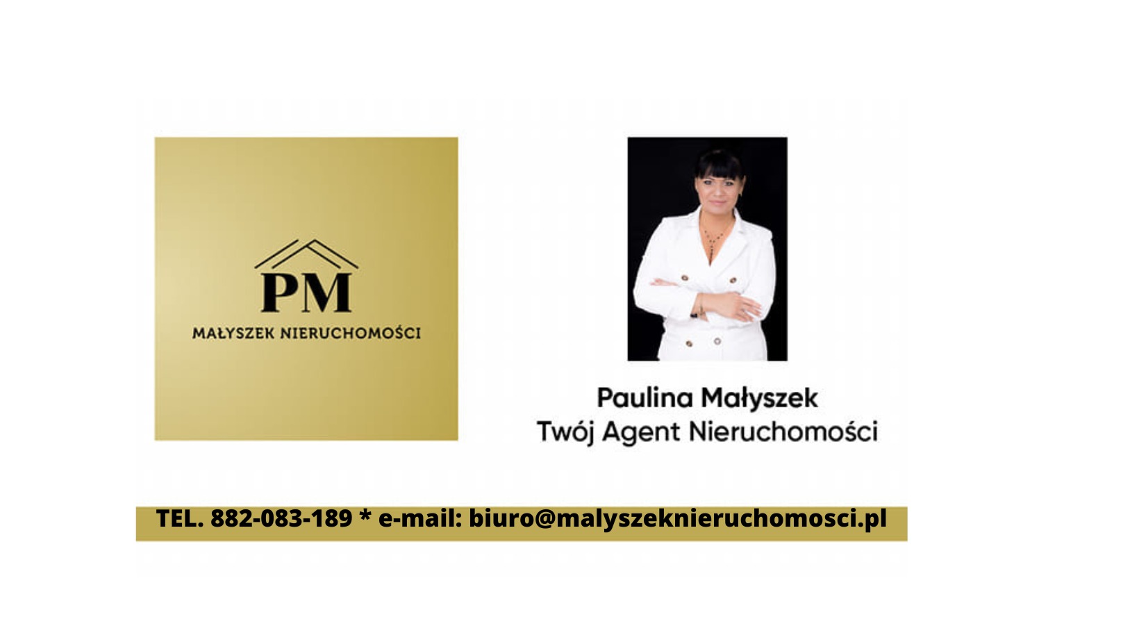 Wizytówka agencji nieruchomości Małyszek: logo PM na złotym tle, zdjęcie agentki Pauliny Małyszek w białym żakiecie oraz dane kontaktowe.
