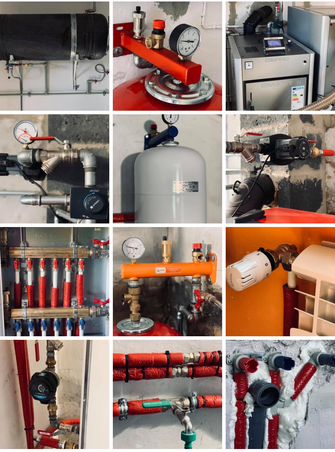 Kompilacja zdjęć przedstawiających różne elementy instalacji grzewczych: zbiorniki wyrównawcze, kotły, rozdzielacze, pompy obiegowe, zawory termostatyczne i rury w izolacji, ukazujące różnorodność...