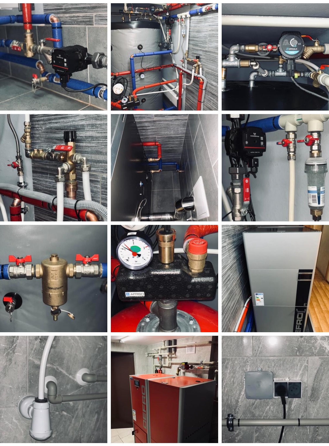 Zestawienie zdjęć instalacji hydraulicznych i grzewczych: pompy obiegowe, zawory, rury miedziane i plastikowe w kolorach niebieskim i czerwonym, manometry, filtry, kotły grzewcze z logo DEFRO...