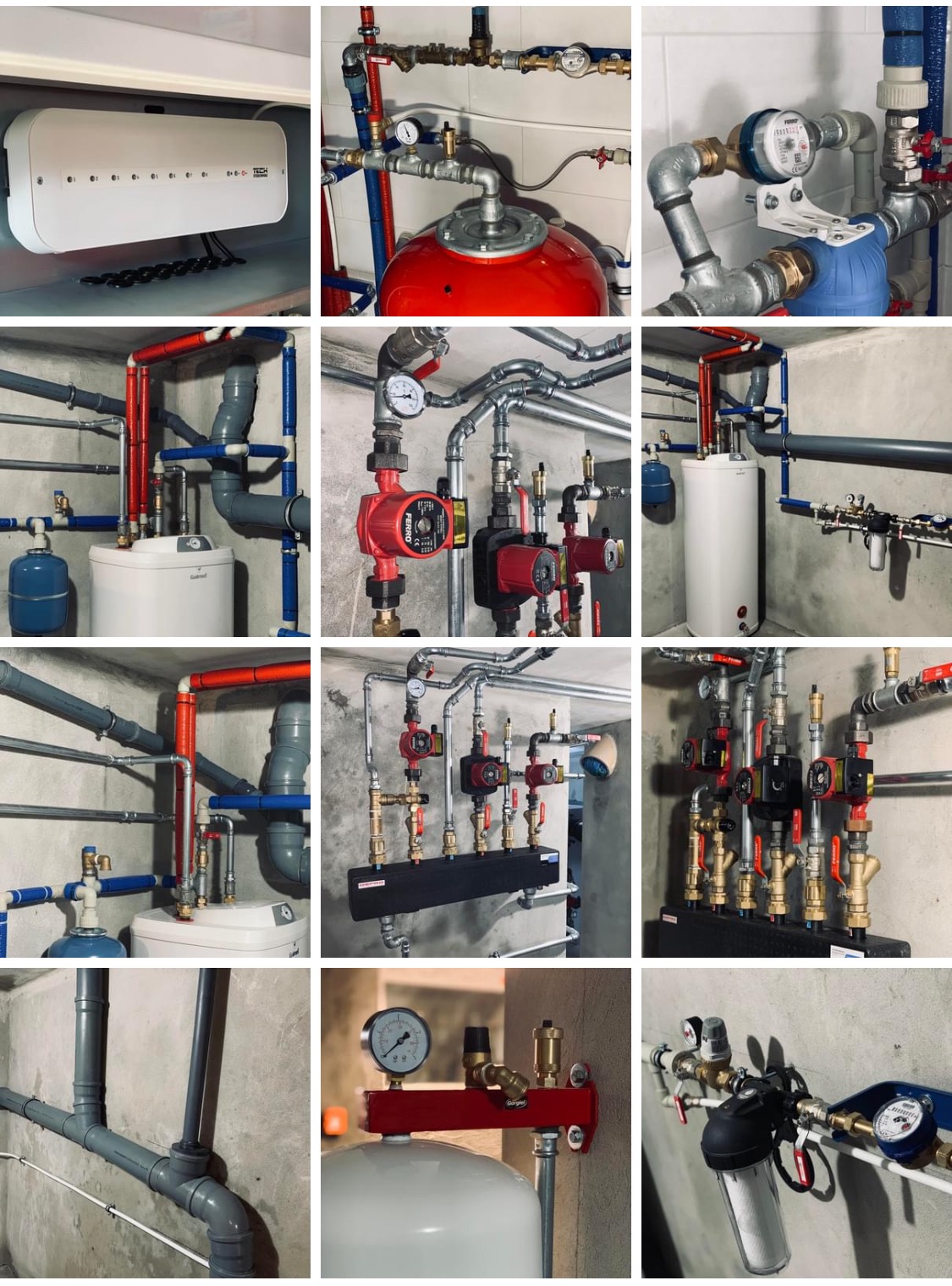 Kolekcja zdjęć przedstawiających różnorodne instalacje hydrauliczne i grzewcze: rozdzielacze, pompy obiegowe, zbiorniki wyrównawcze, filtry wody, rury z tworzyw sztucznych i metalu, manometry...