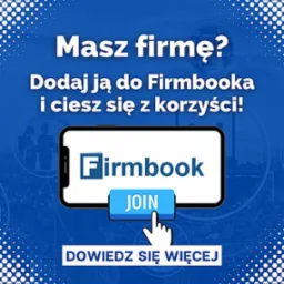 Reklama Firmbooka: Dodaj firmę i ciesz się z korzyści. Na niebieskim tle grafika smartfona z logo Firmbooka i przyciskiem JOIN, poniżej napis DOWIEDZ SIĘ WIĘCEJ.