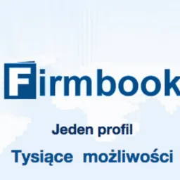 Niebieskie logo Firmbook z motywem książki w tle mapy świata i hasłami Jeden profil, Tysiące możliwości.