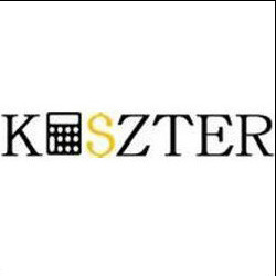 Napis 'KOSZTER' z kalkulatorem zamiast litery 'O' i złotą literą 'S'.