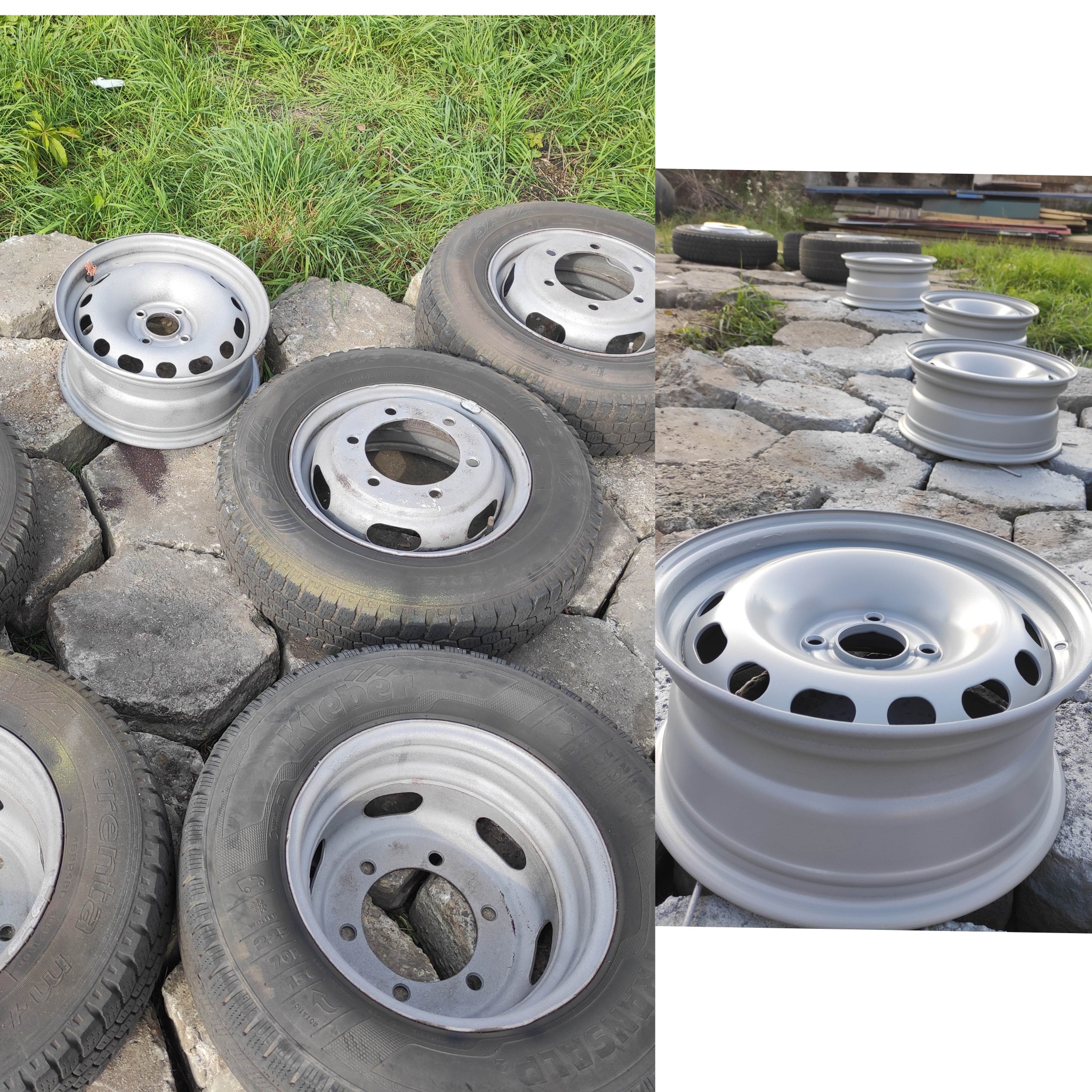 Pomalowane na szaro stalowe felgi samochodowe z oponami, ułożone na kamieniach i trawie.