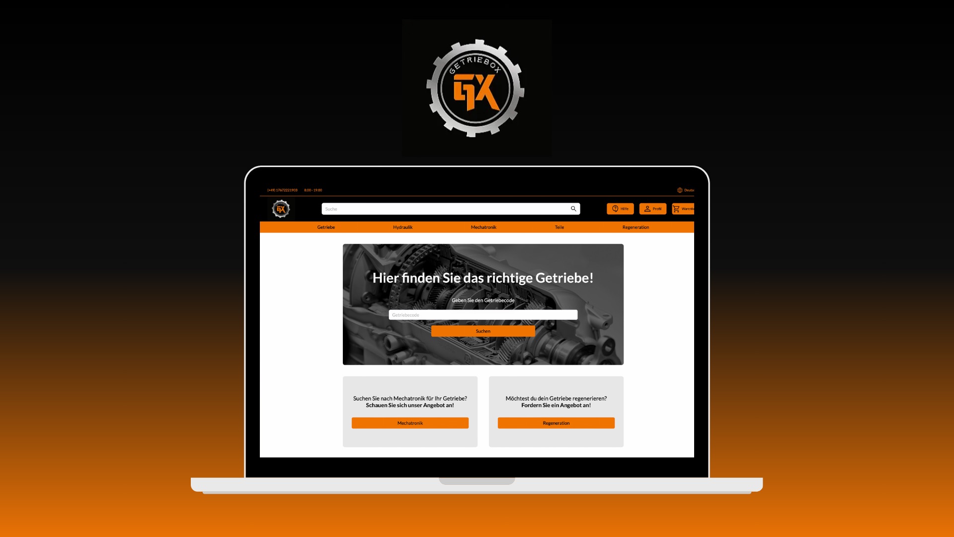Laptop wyświetlający stronę internetową firmy Getriebe GX z wyszukiwarką i informacjami o regeneracji skrzyń biegów.