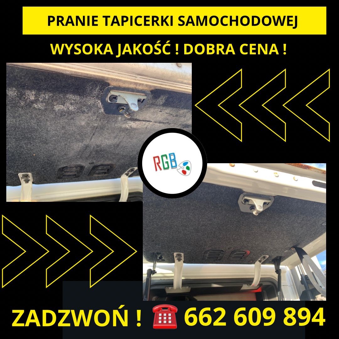 Reklama z hasłem 'Pranie tapicerki samochodowej. Wysoka jakość! Dobra cena!' prezentująca fragment wyczyszczonej tapicerki bagażnika samochodowego z widocznymi metalowymi elementami mocującymi.