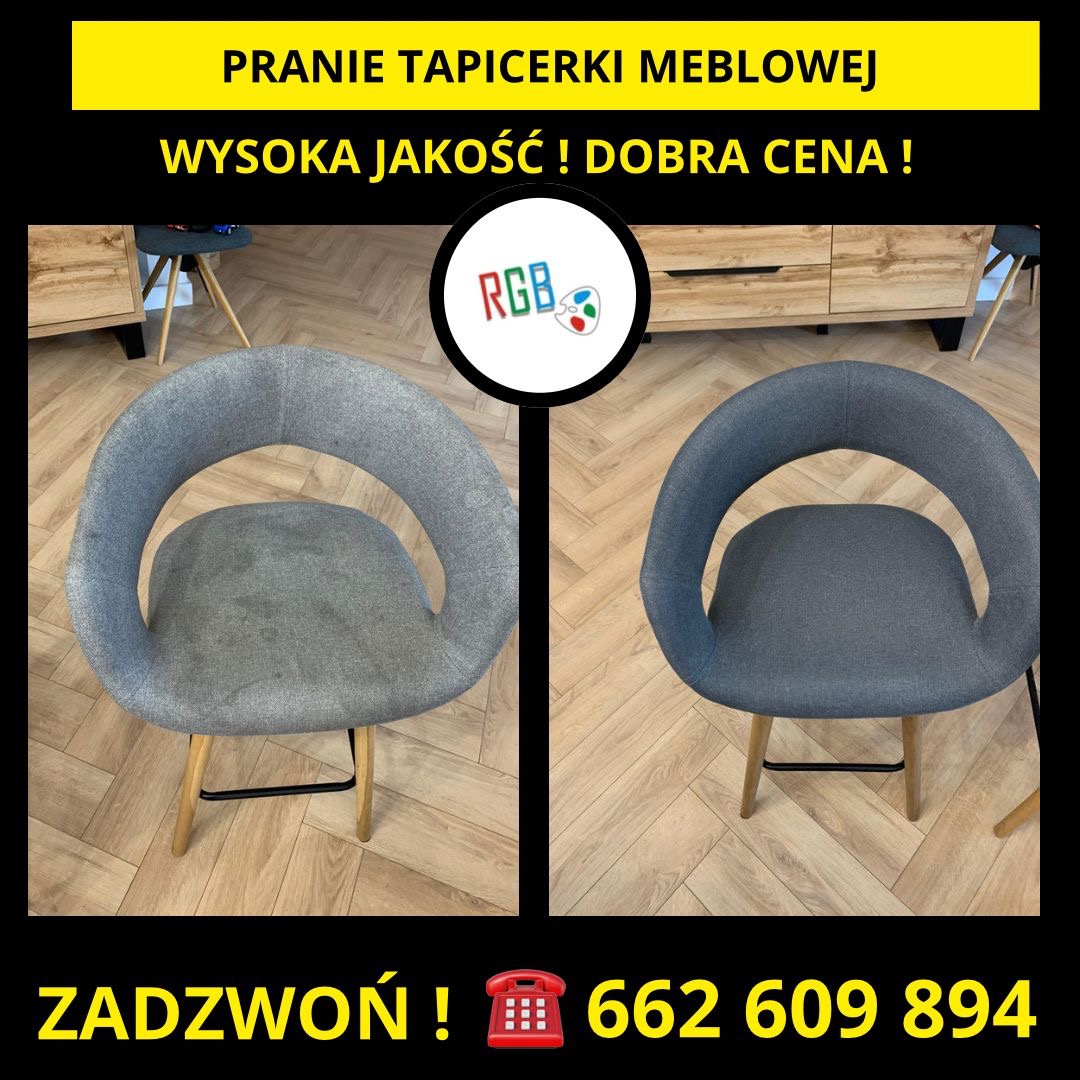 Dwa identyczne szare krzesła z tapicerką, zestawione obok siebie w formacie przed i po; po prawej krzesło po czyszczeniu tapicerki, z widocznie jaśniejszym i czystszym materiałem, na tle drewnianej...