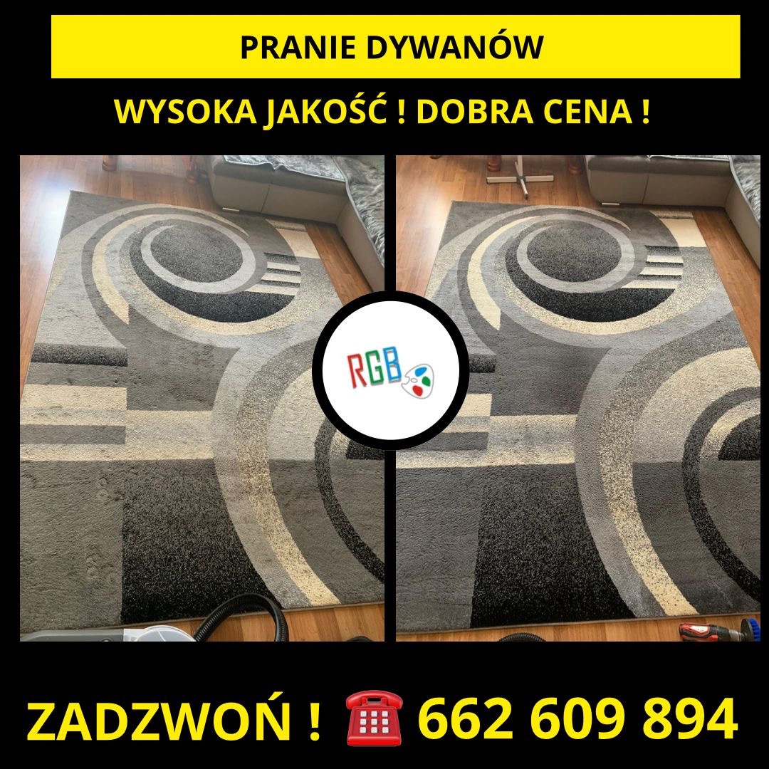 Dywan z geometrycznym wzorem, zdjęcie przed i po czyszczeniu, widoczna różnica w odcieniach szarości i czystości włókien, obok fragment odkurzacza piorącego.