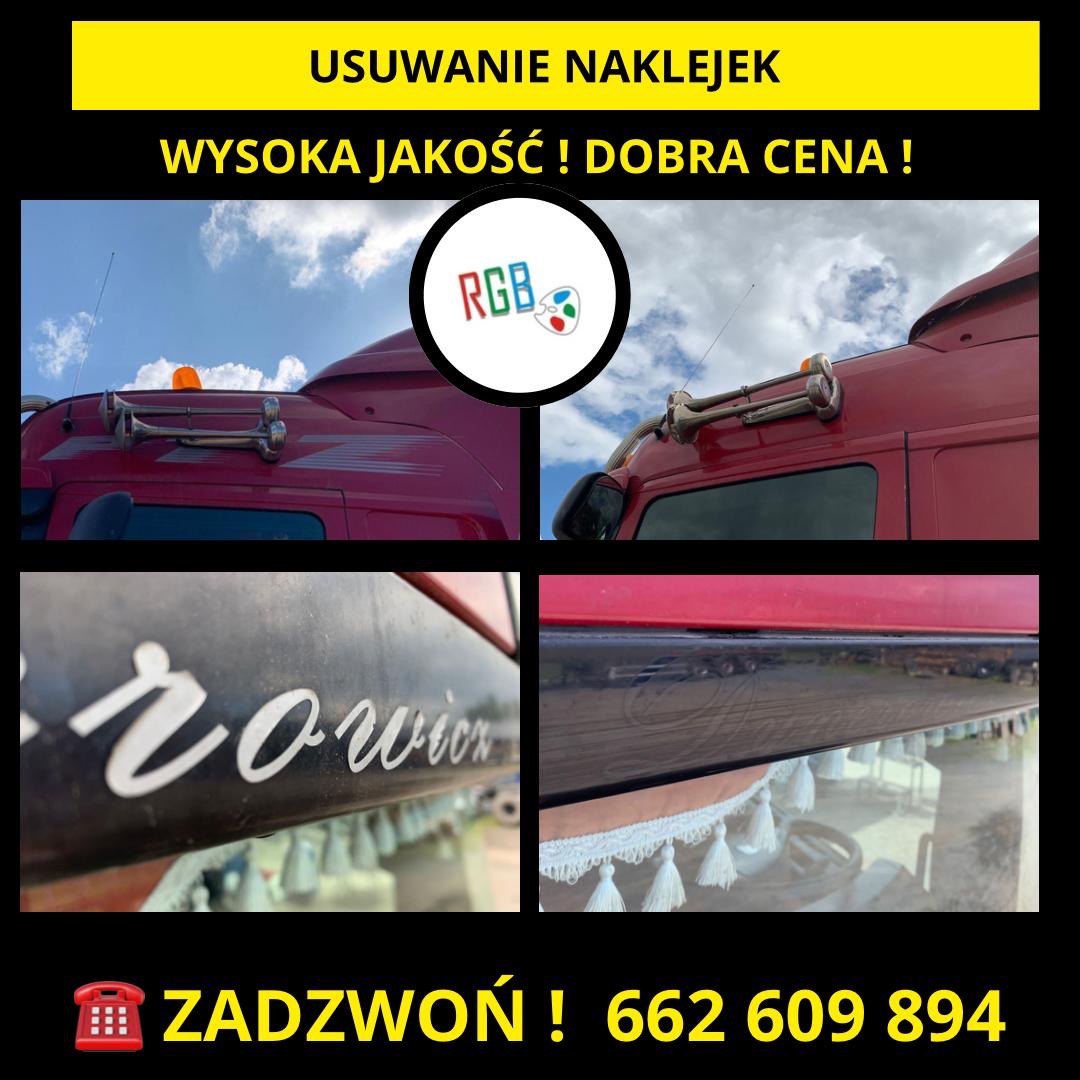 Montaż lub usuwanie naklejek na czerwonym samochodzie ciężarowym, widoczne detale kabiny i szyby z napisem 'rowin', oferta z numerem telefonu.
