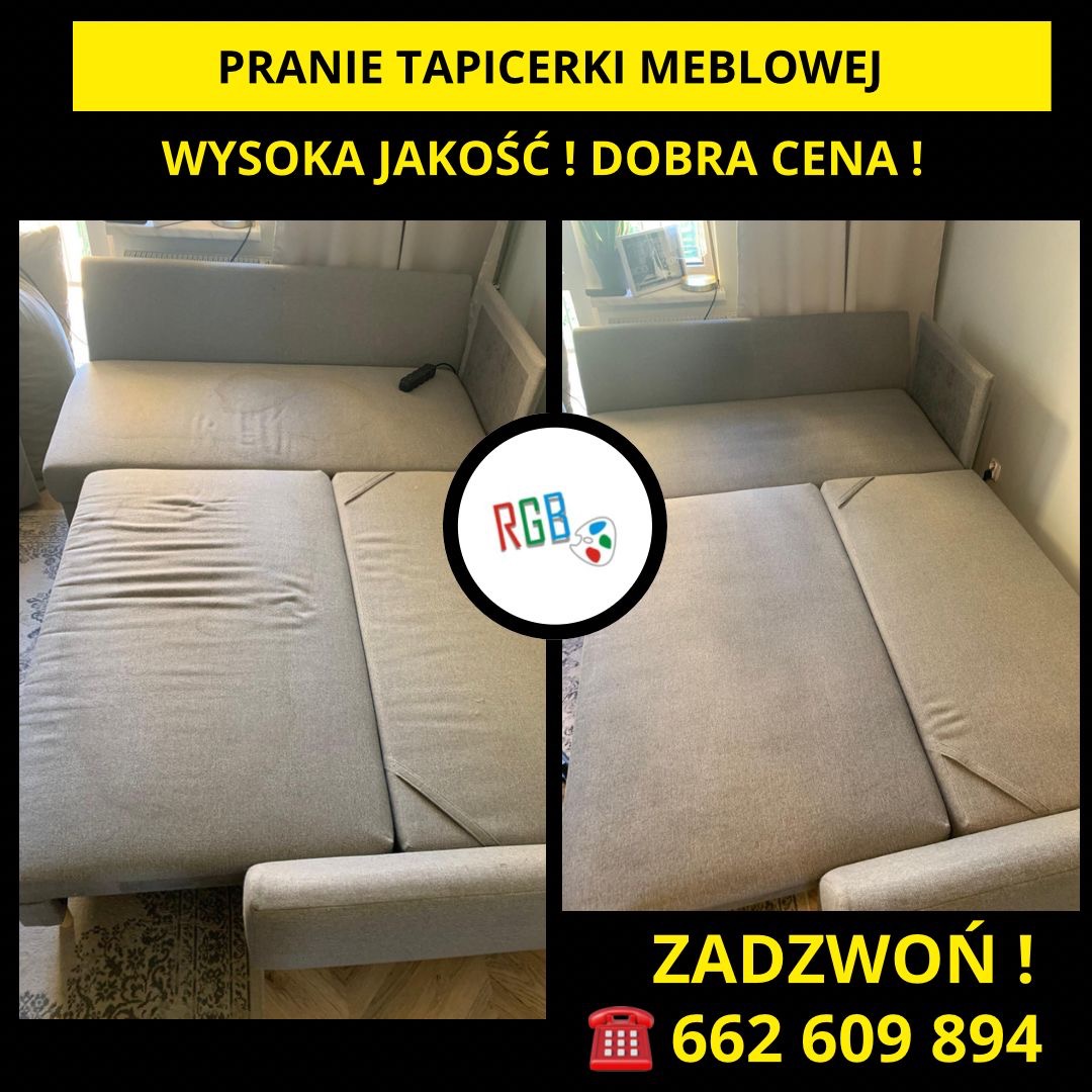 Porównanie efektu prania rozłożonej, szarej kanapy: po lewej stronie widoczna plama, po prawej czysta tapicerka. Na zdjęciu widoczne logo firmy RGB oraz informacja o możliwości zamówienia usługi...