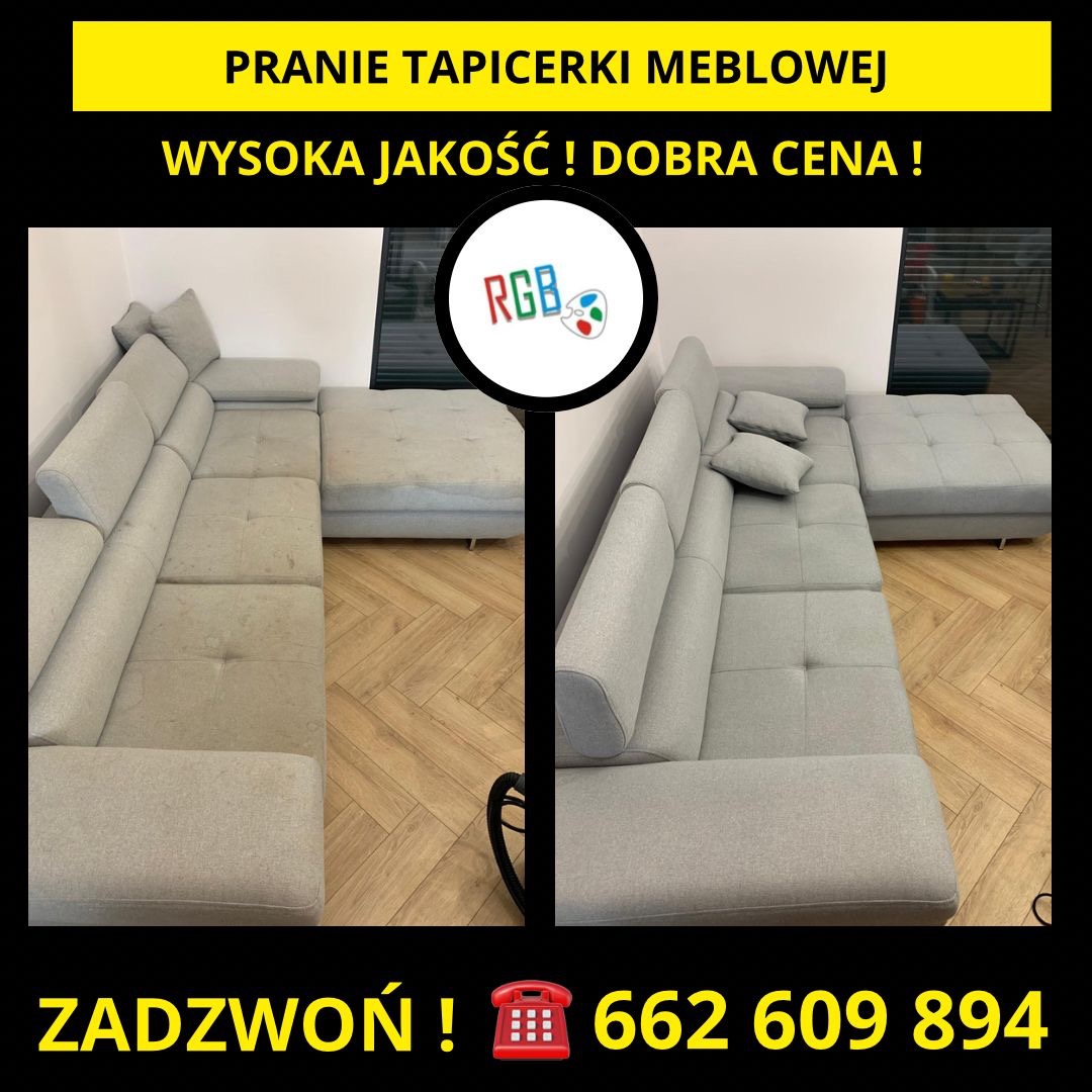Porównanie stanu kanapy narożnej przed i po czyszczeniu, widoczne różnice w odcieniu i czystości materiału, z logo firmy w centralnej części i informacją kontaktową na górze i dole zdjęcia.