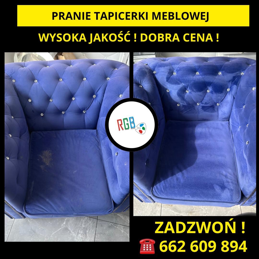 Porównanie fotela obitego niebieskim welurem przed i po czyszczeniu, widoczne wyraźne usunięcie plam, logo firmy nałożone na środek zdjęcia, dolna część zawiera tekst reklamowy i numer telefonu.