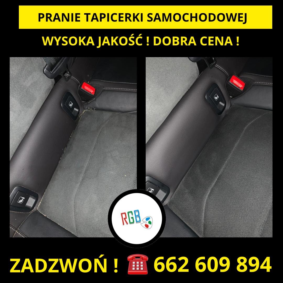 Tapicerka samochodowa przed i po czyszczeniu, widoczne wyraźne różnice w odcieniach szarości, z uwzględnieniem detali jak przyciski i pasy bezpieczeństwa.