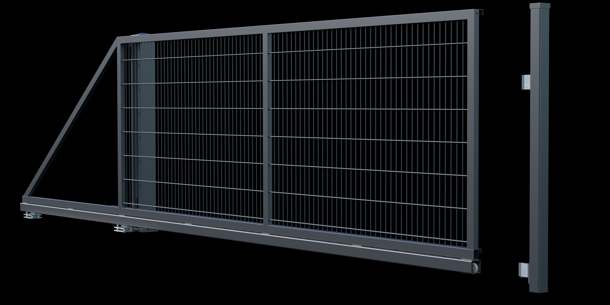 Nowoczesna, przesuwna brama z metalową siatką, szara kolorystyka, widoczny mechanizm jezdny oraz słupek prowadzący, prezentacja produktu na czarnym tle.