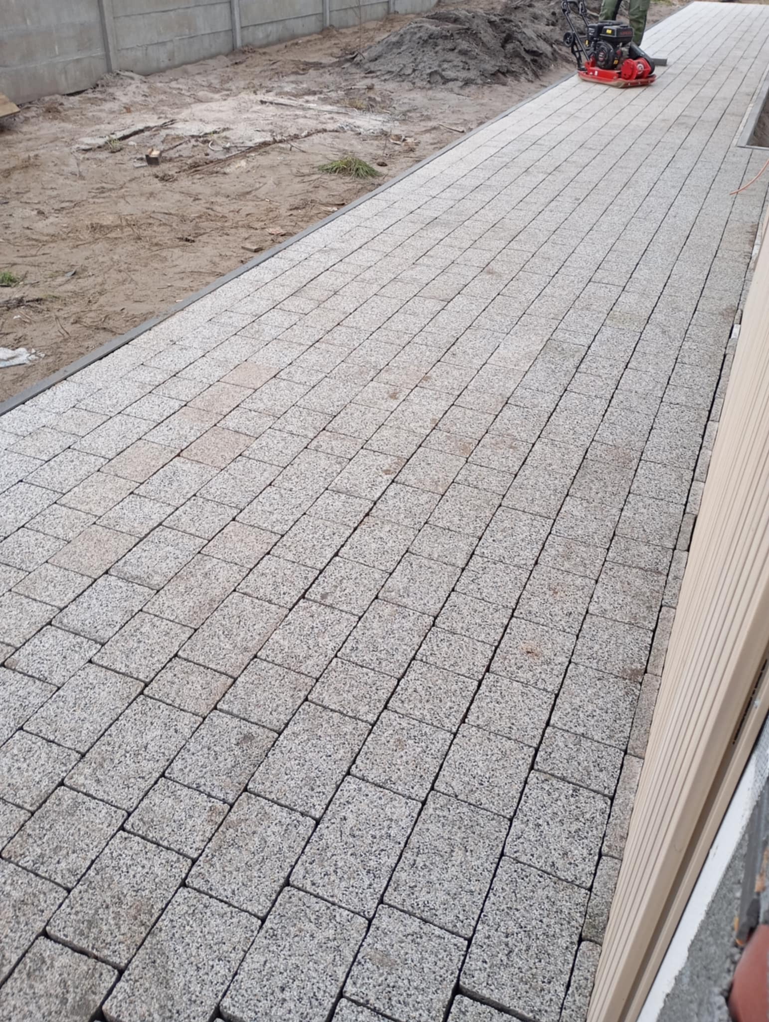 Świeżo ułożona ścieżka z szarych kostek brukowych, ubijana zagęszczarką w otoczeniu ziemi i betonowego ogrodzenia.