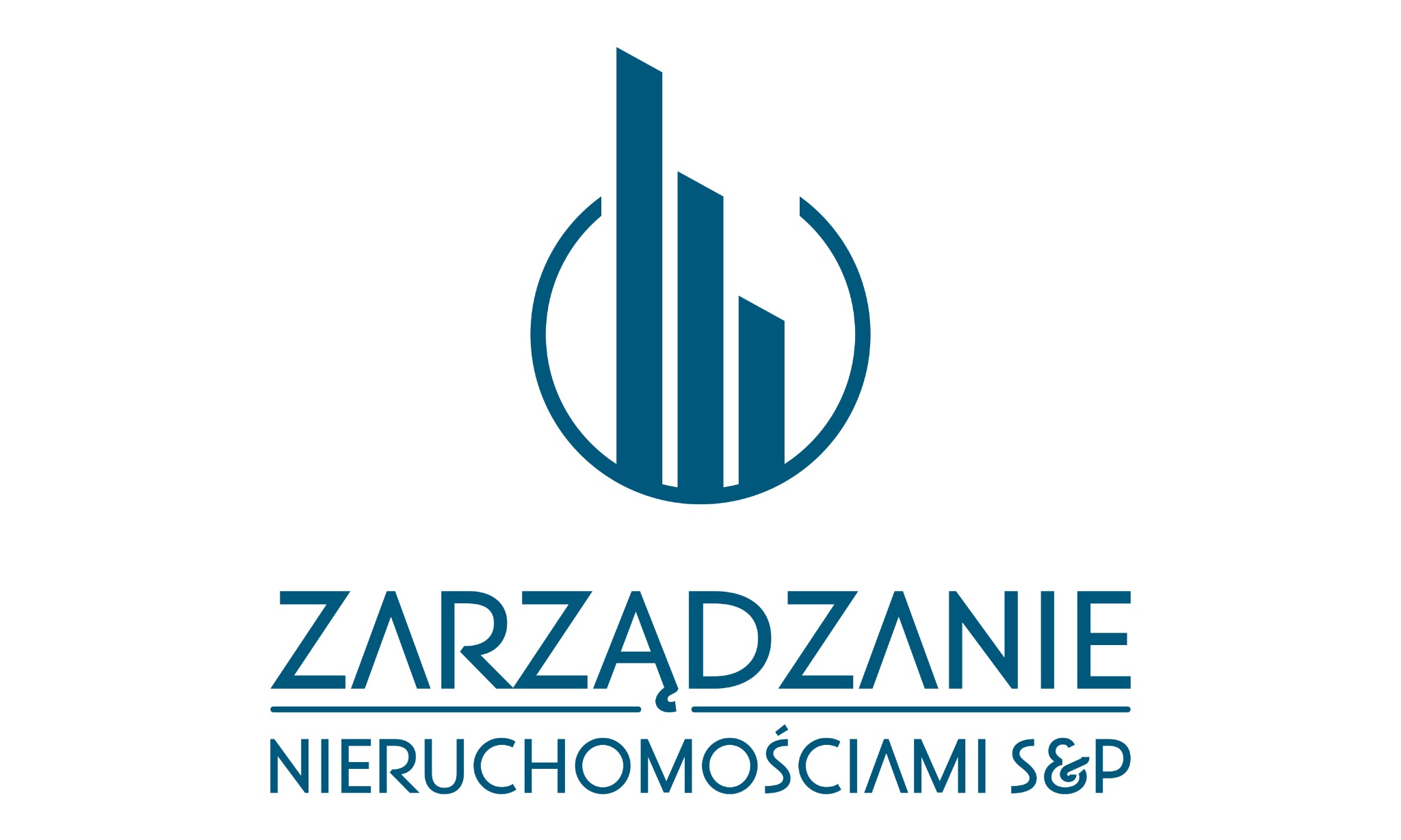 Logo firmy zarządzającej nieruchomościami: stylizowane budynki w okręgu nad napisem 'ZARZĄDZANIE NIERUCHOMOŚCIAMI S&P'