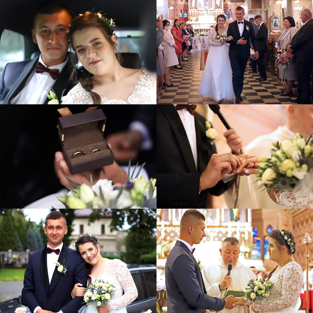 Kolaż zdjęć z uroczystości ślubnej w Czechowicach-Dziedzicach: para młoda w samochodzie, wejście do kościoła, zbliżenie na obrączki w pudełku, moment zakładania obrączki, zdjęcie pary przed...