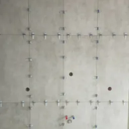 Ściana z jasnych płytek, wyrównywana za pomocą klipsów i krzyżyków. Widoczne otwory na instalacje. Etap prac wykończeniowych w łazience.