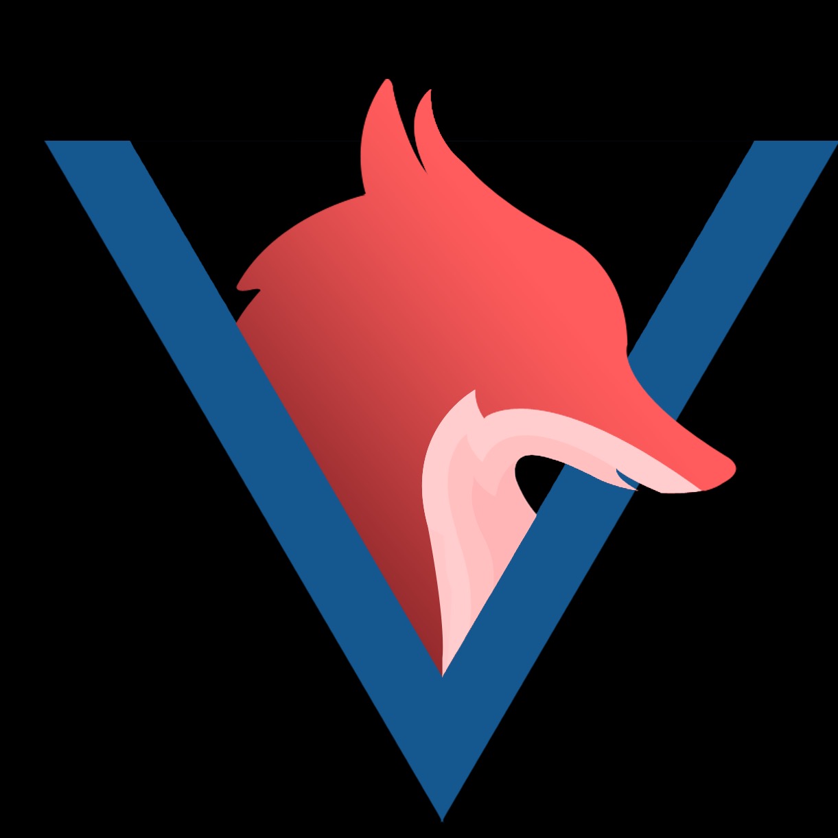 Graficzne logo przedstawiające głowę lisa w odcieniach czerwieni i różu, wpisaną w niebieską literę V na czarnym tle.