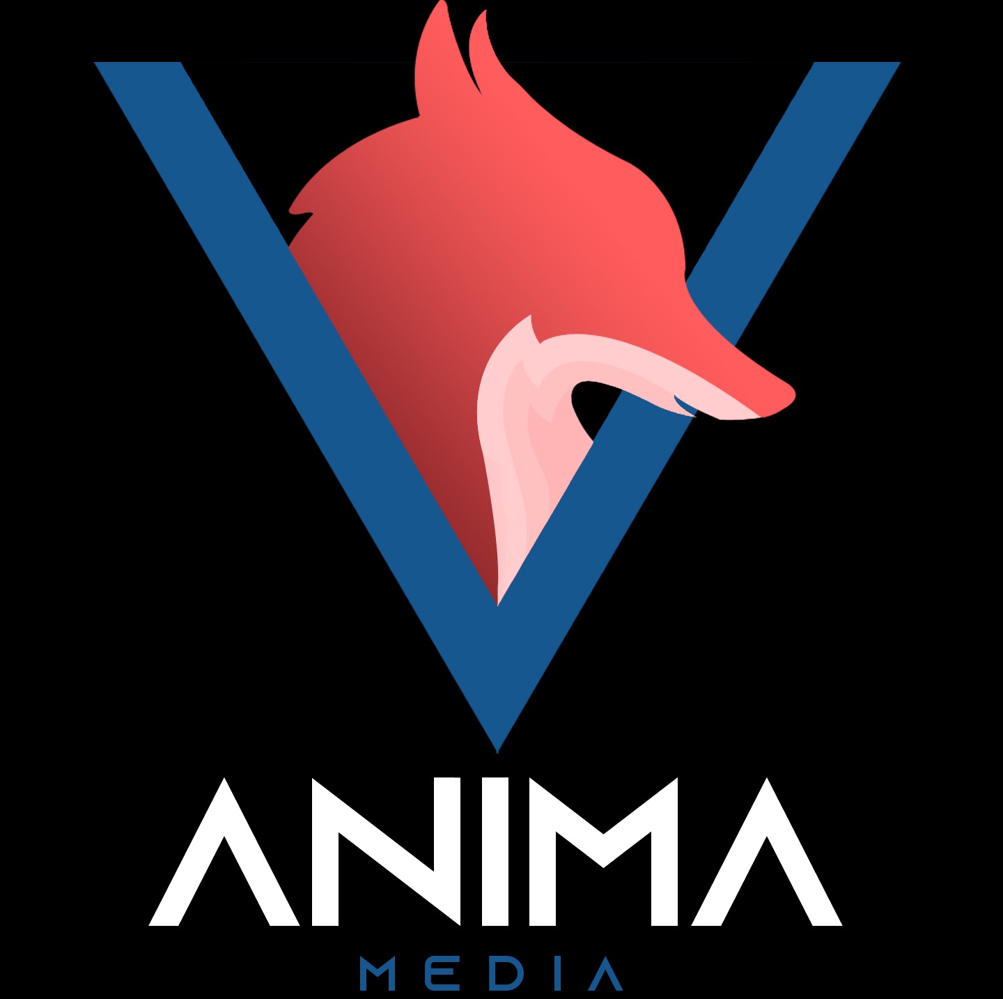 Logo firmy Anima Media: stylizowana głowa lisa w odcieniach czerwieni, wpisana w granatowy znak 'V', na czarnym tle.