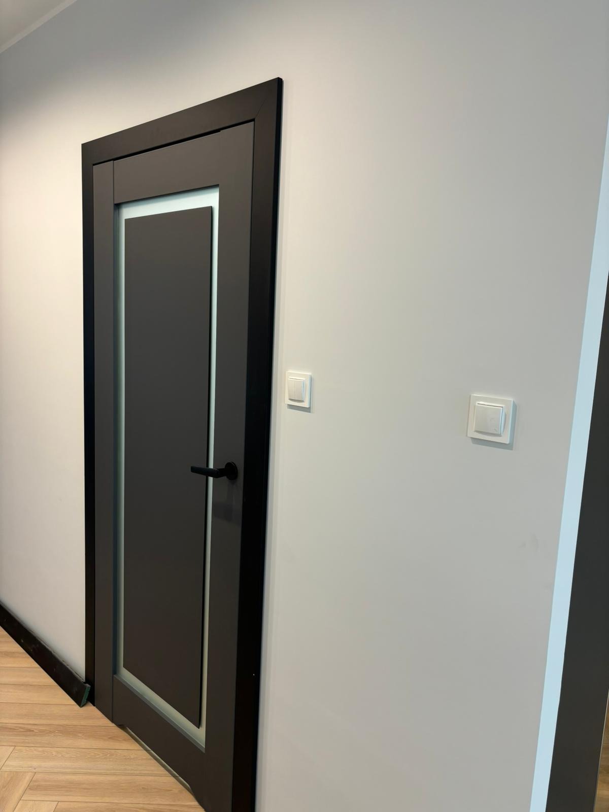 Ciemne skrzydło drzwiowe z czarną ościeżnicą i srebrnym paskiem, widoczne na tle białej ściany z dwoma włącznikami światła, na podłodze panele.