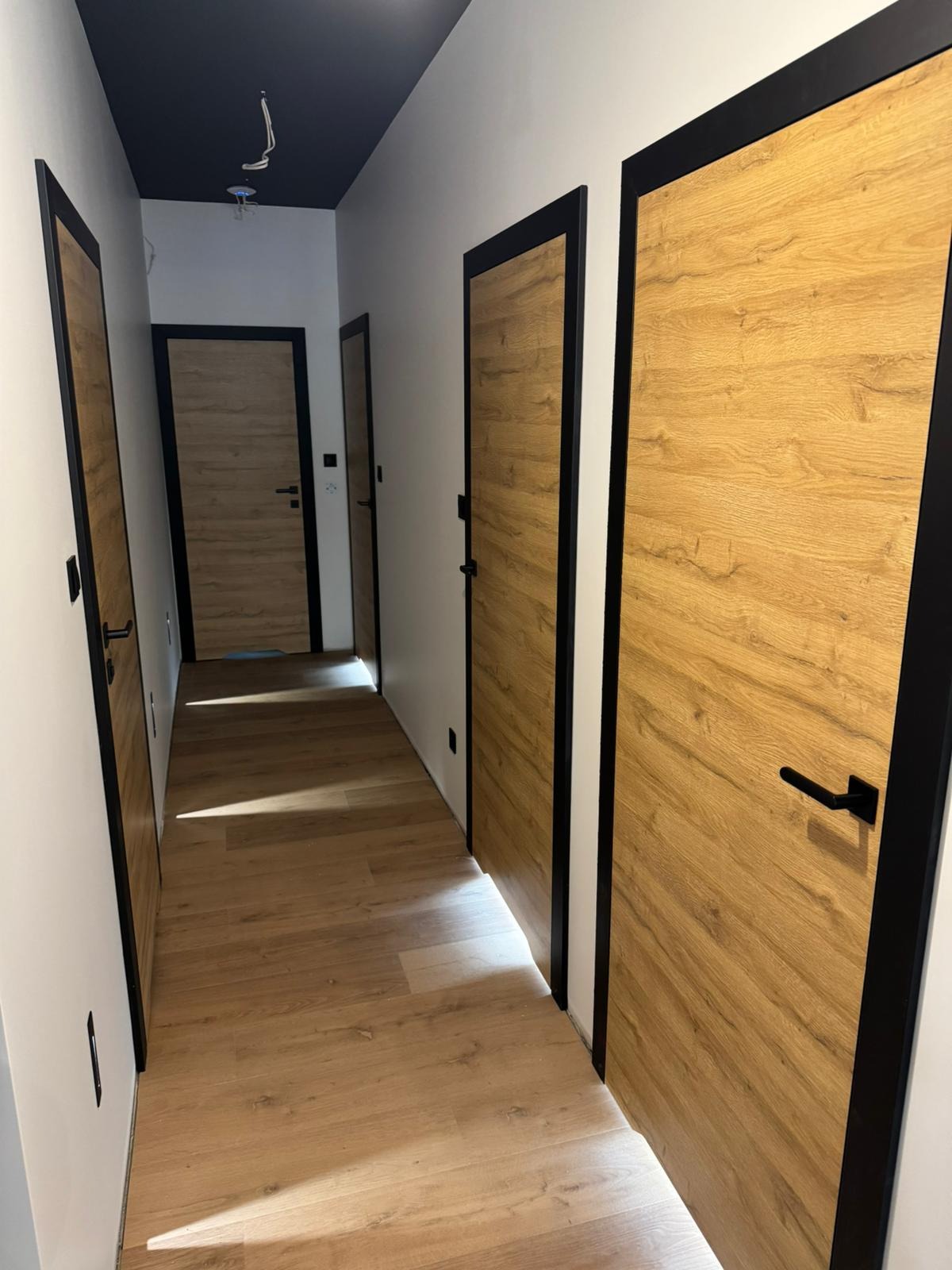 Korytarz z trzema drewnianymi drzwiami wewnętrznymi z czarnymi ramami i klamkami, podłoga z paneli imitujących drewno, ciemny sufit z wystającymi kablami.