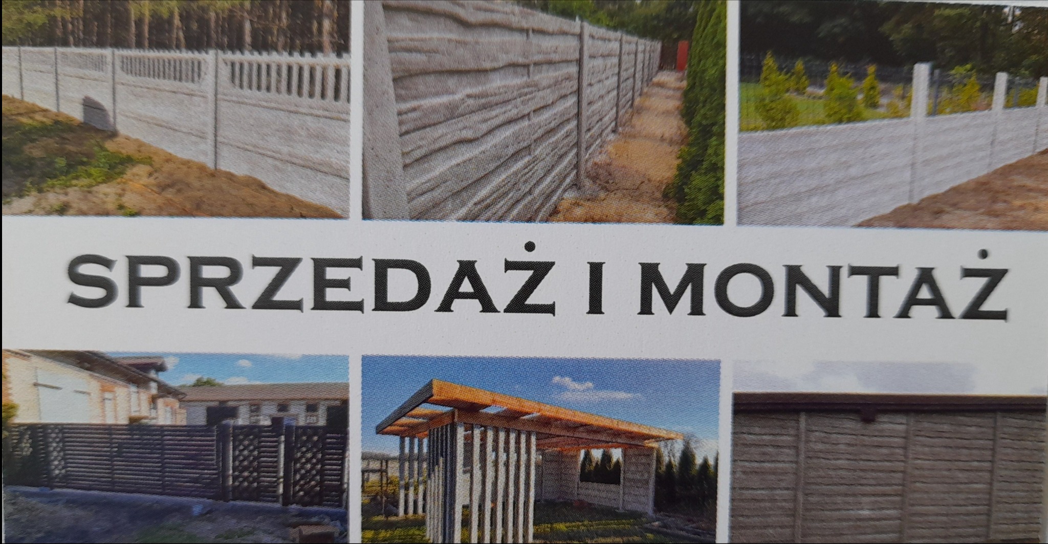 Kompozycja zdjęć przedstawiająca różne typy ogrodzeń betonowych i metalowych, wraz z konstrukcją szkieletową i hasłem 'Sprzedaż i Montaż'.