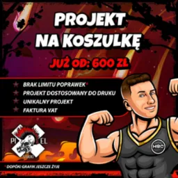 Projekt graficzny koszulki z muskularną postacią, oferowany od 600 zł. Informacje o braku limitu poprawek, dostosowaniu do druku i fakturze VAT. Logo studia Pixel.