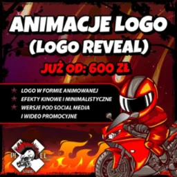 Animowane logo (logo reveal) z motywem motocyklowym. Czerwony motocykl z kreskówkowym motocyklistą na tle ognia. Oferta: już od 600 zł. Pixel Studio.